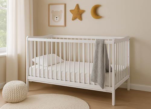 Baby Happy Bliss Lettino per bambini GREGIO 120x60 cm in legno di faggio – Rete regolabile su 3 livelli – 3 sbarre estraibili – Conforme EN 716 (Bianco)