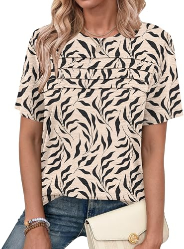 PLMOKEN Blusas Mujer Verano Camisetas Manga Corta Cuello Redondo T-Shirt | Pliegues en el pecho, basicas top, elegante, casual, versátil para uso diario