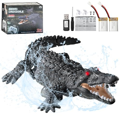 3T6B Barcos Teledirigido RC Cocodrilo, 2.4GHz Barco de Control Remoto con luz LED y Doble hélice para Piscinas y Lagos, Juguete Cocodrilo EléCtrico de Piscina Agua para niños y niñas