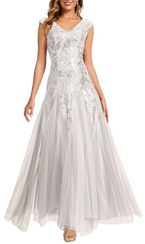 Ever-Pretty Women's Sequin Evening Gown with Cap Sleeve V-Neck Tulle Dress for Formal Wedding Guest Party Dresses