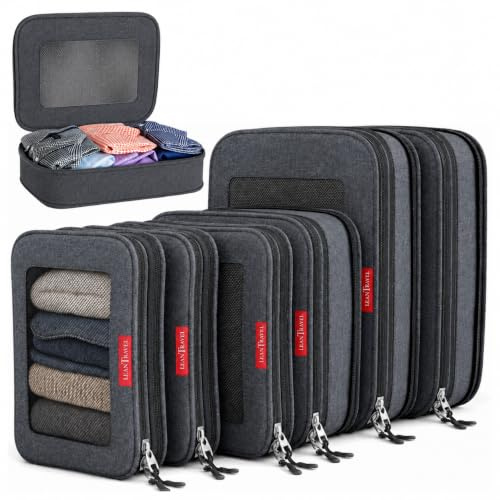 LeanTravel Compression Packing Cubes for Travel Organizers with Double Zipper (6-Pack (2L+2M+2S), Black)