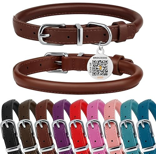 BRONZEDOG Hundehalsband aus gerolltem Leder für kleine, mittelgroße und große Hunde mit QR-ID-Tag (Schokoladenbraun, XS: 23-28 cm)