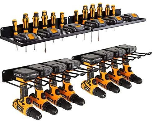 UU-Major Power Tool Organizer with Charging Station,Drill Holder Wall Mount,Garage Storage Shelves for Organization and Storage,Heavy Duty Pegboard Wall Organizer Set Solid Metal Black 2 Pack 4 Set…