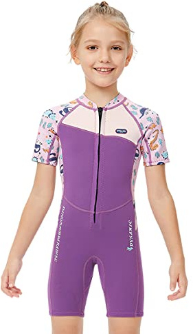 Traje de Neopreno de 2.5mm para niñas. Traje de Buceo de una Pieza para niños. Traje de baño Corto de Manga Corta Violeta Tropical. Traje de Neopreno de una Pieza para esnórquel Morado XXL