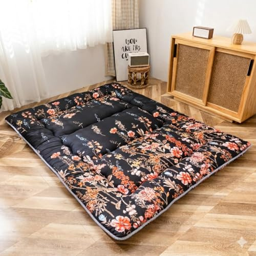 MAXYOYO Matelas Futon de Sol Japonais - Matelas Tatami de Appoint Lit Japonais,Futon Pliable avec Sac de Transport & Housse Matelas pour Les Voyages d'invités et Le Camping (Fleuri Noir, 135x190cm)