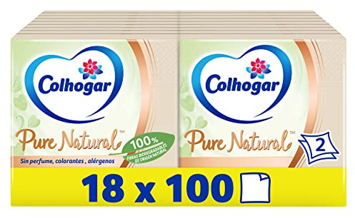 Colhogar Pure Natural 18 x 100, Servilletas de dos capas Biodegradables, Suaves y Resistentes, Hechas con Materiales Reciclados, Color Natural [1800 un]