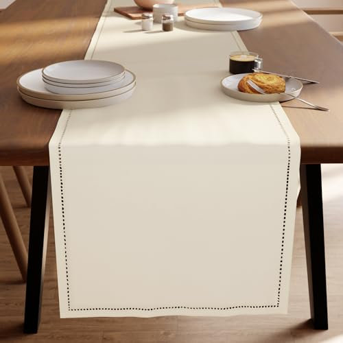 Encasa XO Tischläufer | Reine Baumwolle mit Hohlsaumdesign | Größe 40x183 cm | Natürlich - Maschinenwaschbar