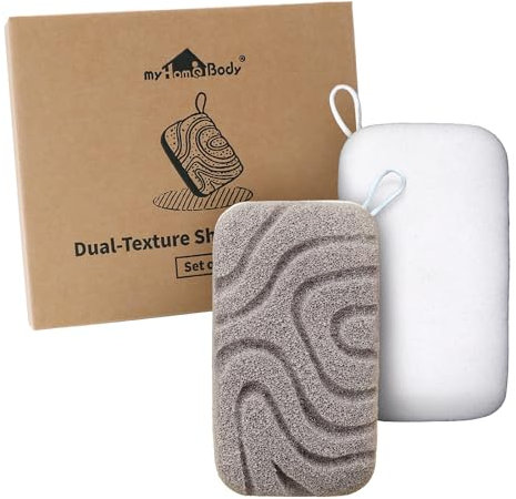 myHomeBody Duschschwamm mit zwei Texturen, Badeschwamm für Frauen, Körperschrubber Körperpeeling, Körperschwamm, Luffa-Schwamm für Männer, Peeling-Schwamm, 2 Stück