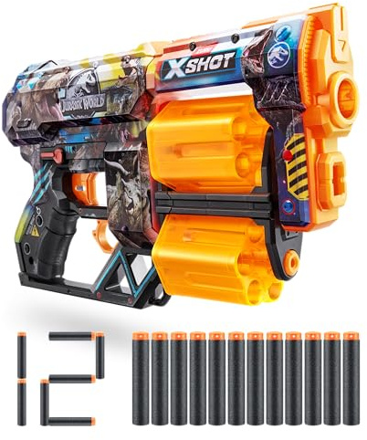 XSHOT Skins Jurassic World, Dread Jurassic, 12 Darts Included, Double Rotating Barrels, Air Pocket Dart Technology, Toy Foam Blaster for Kids, Teens and Adults, Brown Box, (Dread Jurassic)