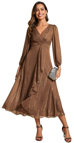 Ever-Pretty Vestido de Noche Largo para Mujer Cuello en V Mangas de Linterna Cintura Imperio Volantes Vestido de Invitados de Boda Conde Marrón 46