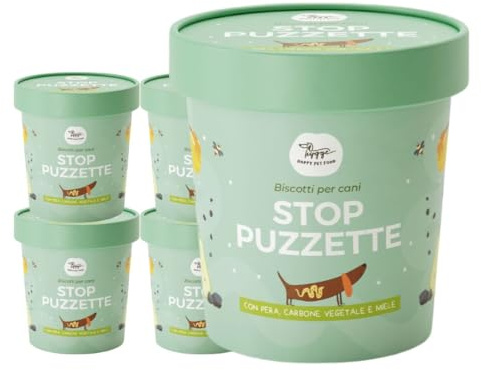 Biscotti per Cani con problemi Gastrointestinali Stop Puzzette | Ricchi di Carbone vegetale FOS e MOS | Gli unici Probiotici per Cani alla Pera | 4 X 400gr | Mangime Complementare Italiano | Hygge Dog