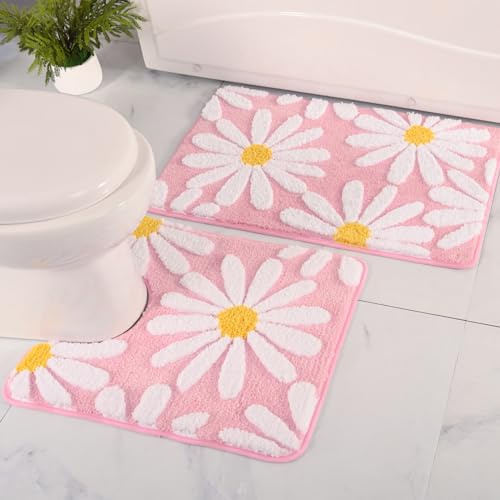 QJHOMO Bathroom Rugs Sets 2 Piece Cute Daisy Bath Mat Pink Toilet Rug U Shaped, Flower Deocr Bathroom Set Non Slip Contour Bathmat, Super Absorbent Microfber Floor Mats Machine Washable Carpets