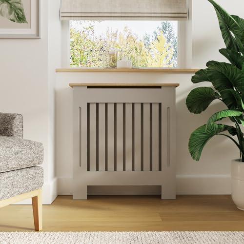 GFW Longslow Small Grey Radiator Cover Slatted Wood Design Top Shelf Display Living