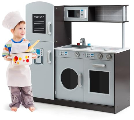 FANTASK Cocina Infantil de Madera con Fregadero, Grifo, Estufa con Sonido de Clic, Horno y Microondas, Pizarra para Niños de 3 Años en Adelante