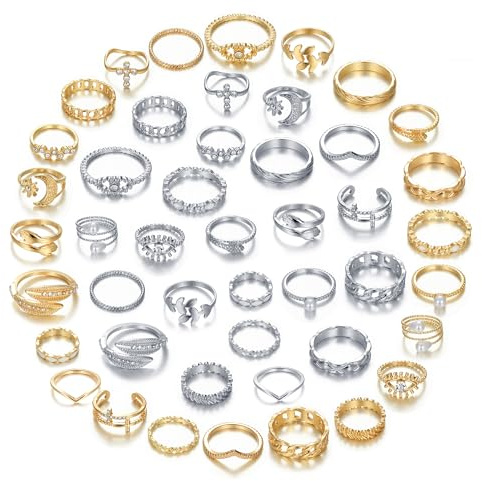 ZOVOLI Gold Silver Knuckle Rings Set for Women, Stackable Rings Bohemian Crystal Hollow Carved Flowers Joint Finger Rings Pack Fashion Jewelry Gifts for Her (46 PCS-2)