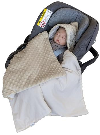 LOOLAY Einschlagdecke Babyschale - Babydecke Autositz 90x90 cm - Fußsack für Autositz Ganzjahresdecke - Minky und Bio-Baumwolle - 3 und 5 Punkt Gurt kompatibel (Beige)