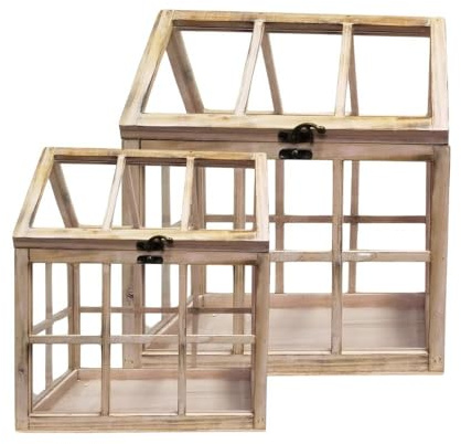 Set de 2 mini serres d'intérieur en bois naturel rosé et verre