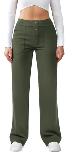 Friptspyg byxor dam hög midja breda byxor knapp raka ben byxor casual arbete byxor stretch yogabyxor med fickor, Armégrön, M