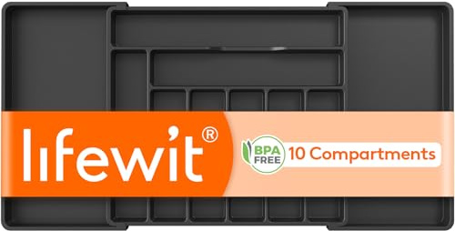 Lifewit Extendable Cutlery Drawer Organiser, Adjustable Cutlery Tray, Utensil Holder for Forks, Spoons, Knives, Plastic Kitchen Organiser and Storage, 9 Compartment, 51-92 x 42cm, Black