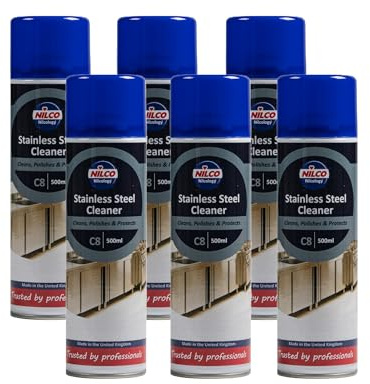 Nilco Stainless Steel Cleaner Aerosol 6-Pack, 500ml Non-Fragranced, NSF Registered Spray – Cleans & Polishes Metal Surfaces for Home & Industrial Use – Oil-in-Water Emulsion, Easy Application