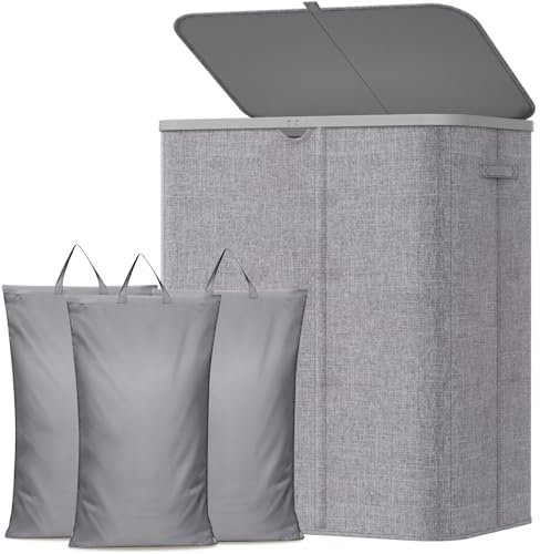 Lifewit 185L Large 3 Section Laundry Hamper with Lid, Plastic Laundry Basket with Bamboo Handles and Removable Bags, Tall Foldable Clothes Hamper for Bathroom Bedroom, Light Gray