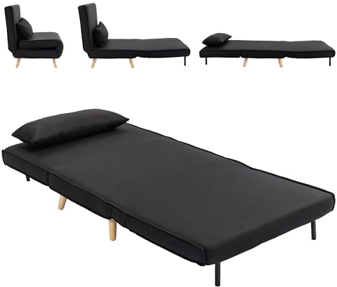 HOMCOM Sofá Cama Individual 3 en 1, Sillón Cama Plegable con Respaldo Ajustable en 6 Posiciones, Asiento Amplio, Almohada Acolchada, Patas de Madera, Carga 350 kg, 94x78x80 cm, Negro