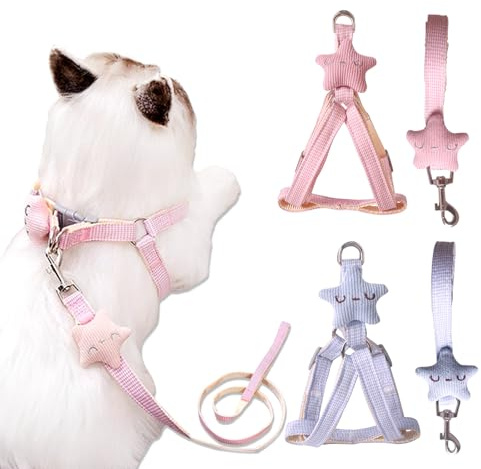 BSITSSS 2 Piezas Arnes para Gatos con Correa, Estrellas Correa para Gatos, Rosa Azul Cat Harness y Leash Antiescape para Gato Perro Pequeño Cachorros Caminar y Viajar