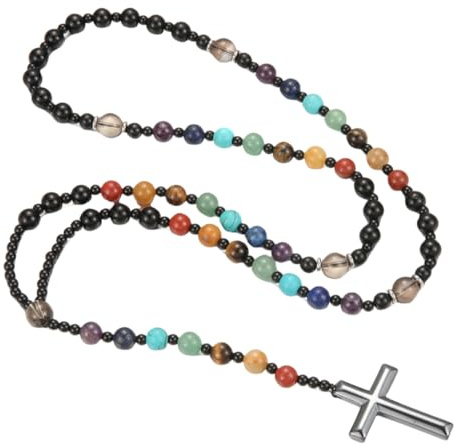 Générique Collier 7 Chakras Pour Femmes Et Hommes, Orné De Pierres De Cristal Et De Perles, Avec Pendentif Croix, Bijou Spirituel Fait Main Pour L'Équilibre Et La Méditation.
