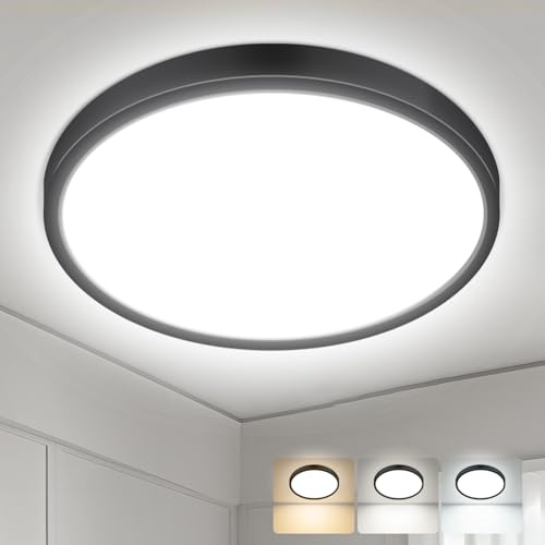 hepside LED Ceiling Light,3000K/4000K/6500K 3 Color Temperature,Waterproof LED Ceiling Lamp, Modern,Round Flush Ceiling Light for Bathroom, Living Room,Bedroom, Kitchen, Hallway 59CM(Black)