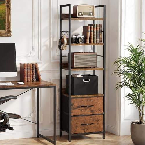 YITAHOME Industrial Bookshelf, 4-Tier Bookcase with Adjustable Shelves & 2 Fabric Drawers, Freestanding Display Shelf with Metal Frame for Living Room, Bedroom, Office, Rustic Brown