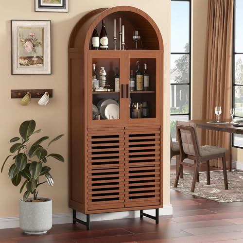 Vabches 78.4 Tall Arched Wine Bar Cabinet with LED Light, Liquor Cabinets with Glass Doors, Coffee Bar Cabinet with Metal Legs, Kitchen Pantry Cabinet for Dining Room, Living Room, Walnut