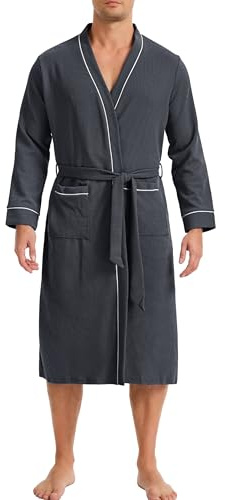Lovasy Accappatoio in Cotone Uomo Leggero Vestaglia in Maglia Waffle a Maniche Lunghe Morbido e Comodo Kimono Lungo con scollo a V e Cintura,A-Grigio Scuro,L