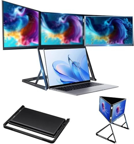 YISHENX Hopfällbar Trippelskärmförlängare, 15,6 Full HD Ip-Skärmförlängare, 100% Skärmstorlek, 360° Fri Rotation, Dubbla Högtalare Och Svagt Blått Ljus, För Grafisk Design, Videoredigering