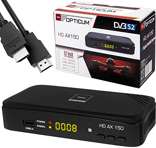 SATELLITEN SAT Receiver HB DIGITAL DVB-S/S2 Set: Hochwertiger DVB-S/S2 Receiver + HDMI Kabel (HD Ready HDTV HDMI SCART USB 2.0, Koaxial Ausgang, Opticum AX150)