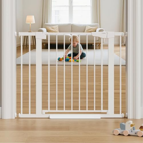 Cumbor 29.7-40.6 Baby Gate for Stairs, Mom's Choice Awards Winner-Dog Gate for Doorways, Pressure Mounted Auto-Close Pet Gates for Dogs Indoor, Safety Child Gate with Easy Walk Thru Door, White