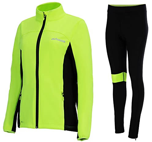 Airtracks Damen Thermo Winter Fahrradtrikot Set Pro Line - Thermo Fahrradjacke Pro Line + Thermo Fahrradhose Lang - Warm Winddicht - schwarz-neon - M