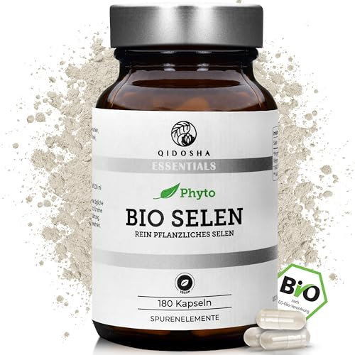 QIDOSHA® Bio Selen hochdosiert, 180 Kapseln, 55 mcg (100% NRV) pflanzliches Selen je Kapsel aus Bio Indischem Basilikum und Bio Sonnenblumenkernen, Selenmethionin, ergänzt um Bio Akazienfaser