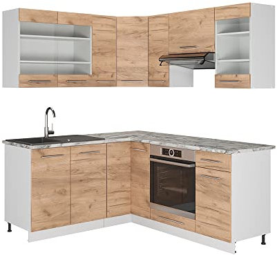 Vicco Eckküche Fame-Line, Goldkraft Eiche/Weiß/Weiß, 160 x 190 cm ohne Arbeitsplatte