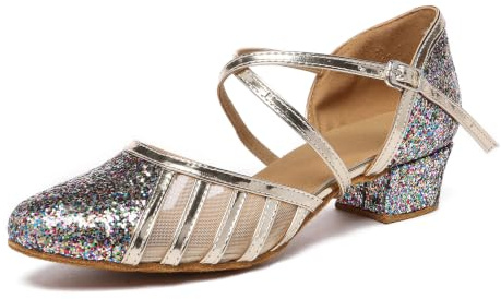 MINITOO Damer glitter salsa tango balsal latindansskor t-rem stängd kväll fest bröllop skor, L2042 flerfärgad 3 5 cm klack, 40 EU