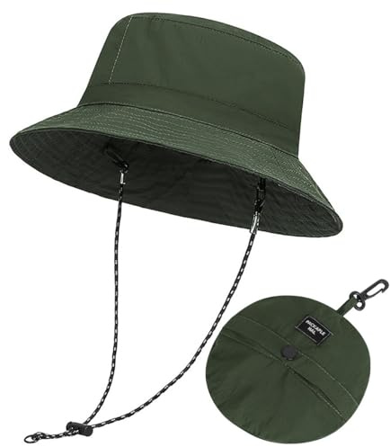 Rayson Vikbar hatt för män, vattentät, hinkhatt, unisex, anti-UV, justerbar solhatt, vandringshattar för män, med avtagbar hakrem, Mörkgrön, One size