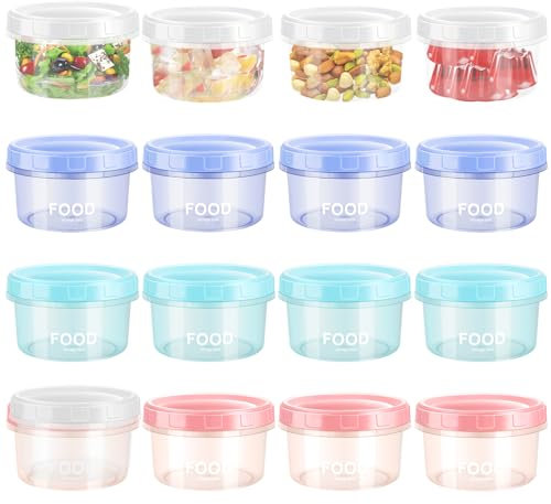 Meng Jiaran 16 Pack Small Food Containers with Lids, 200ml Round Stackable Plastic Food Container Set, Small Freezer Containers, Reusable Food Storage Jars, Dishwasher & Microwave & Freezer Safe