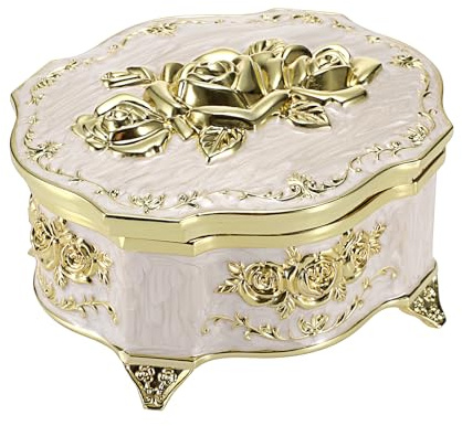 ELLDOO Vintage Music Box, Beige Metal Musical Jewelry Box Keepsake Box, Small Trinket Storage Organizer Jewelry Storage Box Gift for Girl Women (Tune: You are My Sunshine)