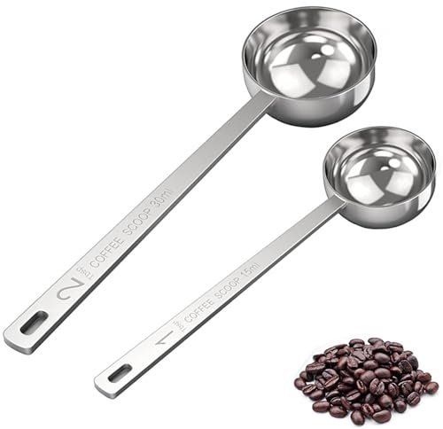 tiokin Set di 2 misurini da caffè con manico lungo, in acciaio inox, 1 cucchiaio e 2 cucchiai dosatori da 15 ml e 30 ml, per caffè, latte, frutta in polvere (15 ml e 30 ml)