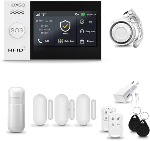 HUXGO® HXA007 Funk Alarmanlage Set WiFi + GSM mit Sirene | Alarm System mit Bewegungsmelder, 3X Tür- Fenstersensor, Fernbedienung | Wohnmobil Alarmanlage | Smart Home Security