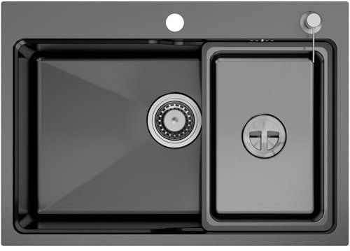 Auralum Evier Cuisine 1 Bac 70x44 cm, Éviers de Cuisine Inox 1 Bac avec Grand Bassin et Distributeur de savon, Evier Multifonction de Lavabo Cuisine avec Siphon & Trop-Plein