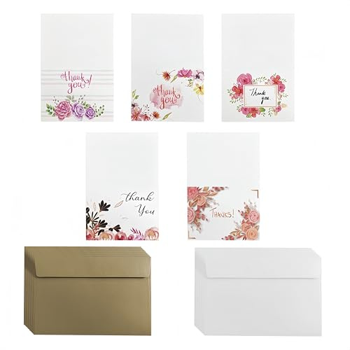 CZAKOMIX Tarjetas de Agradecimiento, 50 Piezas, con Sobre - Blanco, marrón claro,Tarjetas Papel Kraft, Thank You Cards, para Boda, Graduación, Cumpleaños, Vacaciones(Tarjeta: 14*9,3cm, Sobre: 16*11cm）