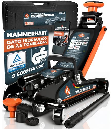 Gato hidraulico para coche 2,5 T | Gato coche maniobra premium homologado TÜV Altura de elevación 85-384 mm | Gato hidráulico plano con ruedas de 360° y pistón doble - Gato de 2,5 toneladas con almoha