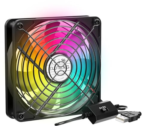 ELUTENG USB Computer Cooling Fan with 7 Color RGB Lighting, 3 Speed Controller 1100/1300/1500 RPM Small Exhaust Fan High Airflow Cooling Fan for Router Modem Receiver DVR PlayStation Xbox TV Box