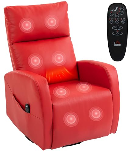 HOMCOM Poltrona Massaggiante Reclinabile Manuale 155° Riscaldante, 8 Punti di Massaggio, Poltrona Relax Girevole in Pelle PU con Funzione Dondolo, Poggiapiedi, Telecomando, Tasche Laterali, Rosso