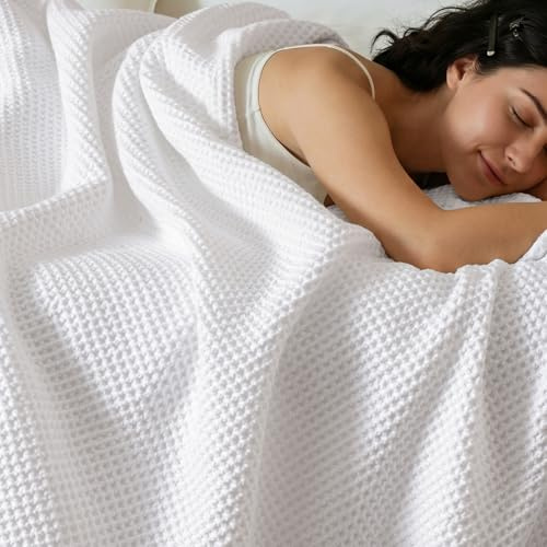 PHF Pre-Washed 100% Cotton Waffle Weave Blanket King Size for Bed,Snag Proof Throw Blanket for Couch Spring Summer Lightweight Breathable,Machine Washable, Home Decor Gift - White